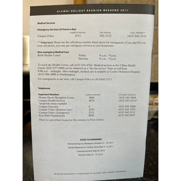 Vtg Amherst College Brochure Alumni Holiday Reunion Weekend 2011 May 25-May 29 - Picture 5 of 5